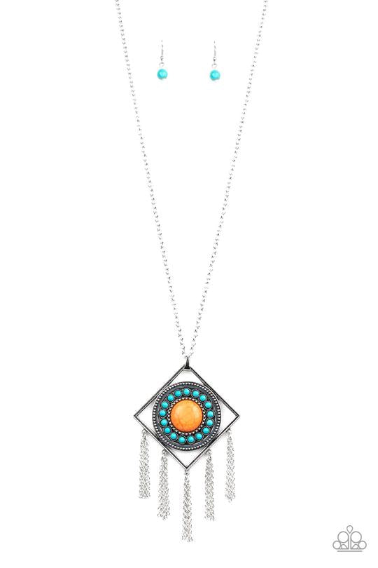 SANDSTONE SOLSTICE - PAPARAZZI - MULTI ORANGE AND TURQUOISE STONE SILVER FRAME TRIBAL NECKLACE