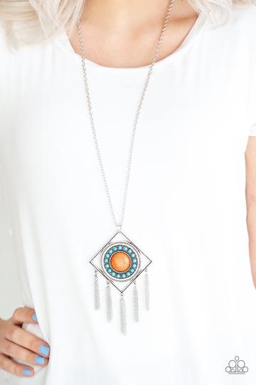 SANDSTONE SOLSTICE - PAPARAZZI - MULTI ORANGE AND TURQUOISE STONE SILVER FRAME TRIBAL NECKLACE