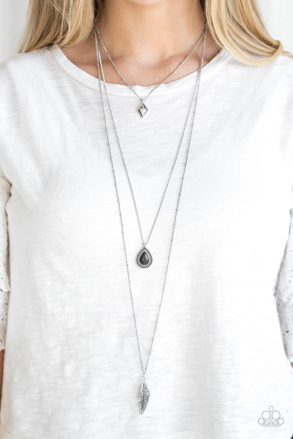 FLY THE COOP - BLACK STONE SILVER FEATHER LAYERED NECKLACE